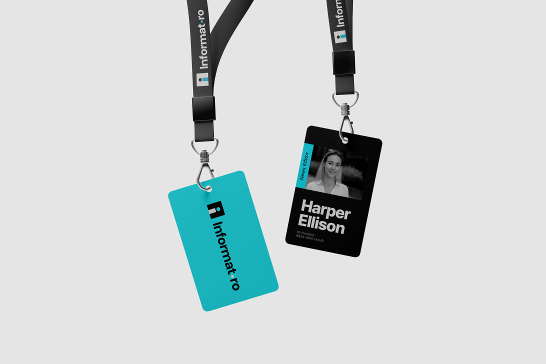 Two Informat-branded staff ID lanyards designed by Quickdata, featuring the company logo, color palette, and editorial role badge layout for newsroom team members.