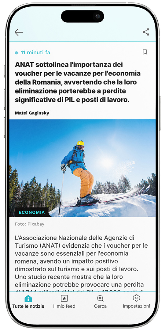 A smartphone screen displaying the Informat news app article view, designed by Quickdata, showing an economic news story with headline, timestamp, featured image, author reference, and bottom navigation menu in a clean mobile interface.