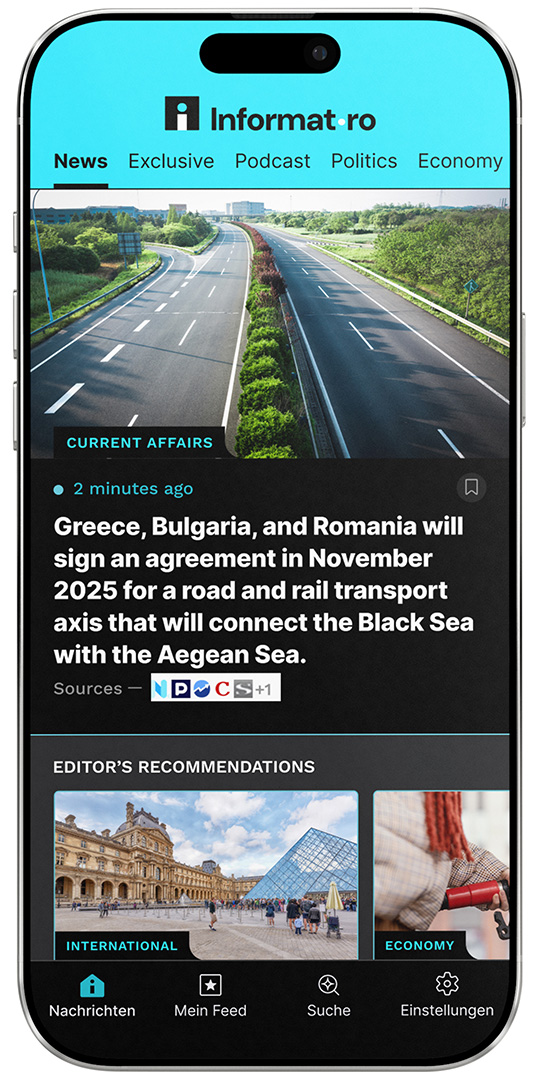 A smartphone screen displaying the Informat news app interface in English, designed by Quickdata, showing a dark mode current affairs article with a featured highway image, headline, timestamp, and editor’s recommended stories section with navigation tabs.