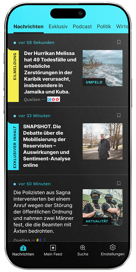 A smartphone screen displaying the Informat news app in German, designed by Quickdata, showing a dark mode news feed with category tabs, breaking news labels, article previews with images, timestamps, and a bottom navigation menu in a modern mobile layout.