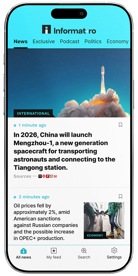 A smartphone screen displaying the Informat news app interface, designed by Quickdata, showing a clean layout with international news headlines, category navigation tabs, article previews, and a rocket launch feature image.