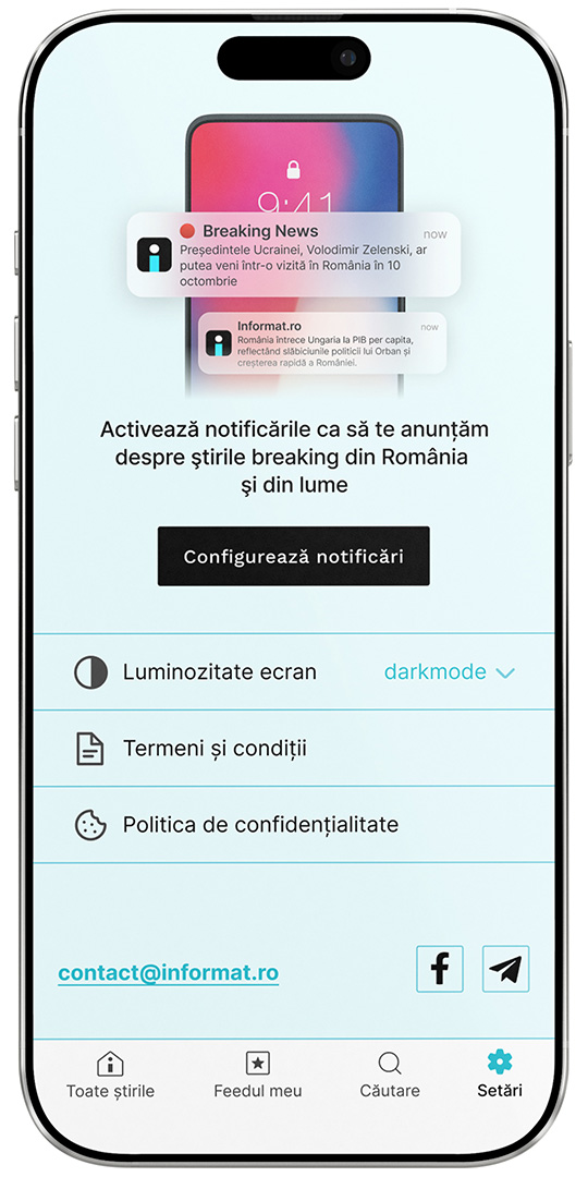 A smartphone screen showing the notification settings interface of the Informat news app, designed by Quickdata, featuring options to enable breaking news alerts, adjust display brightness, view terms and conditions, and access privacy settings.
