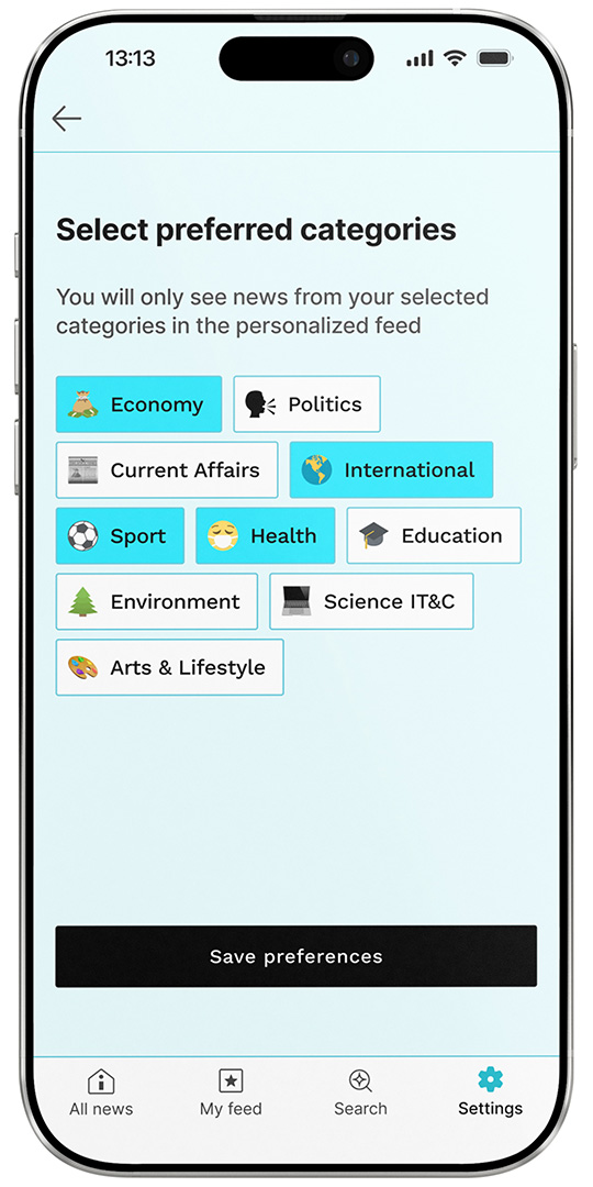 A smartphone screen displaying the Informat news app settings interface, designed by Quickdata, showing a personalized category selection grid where users choose preferred news topics such as Economy, Politics, Sport, Health, and International, with a save preferences button at the bottom.