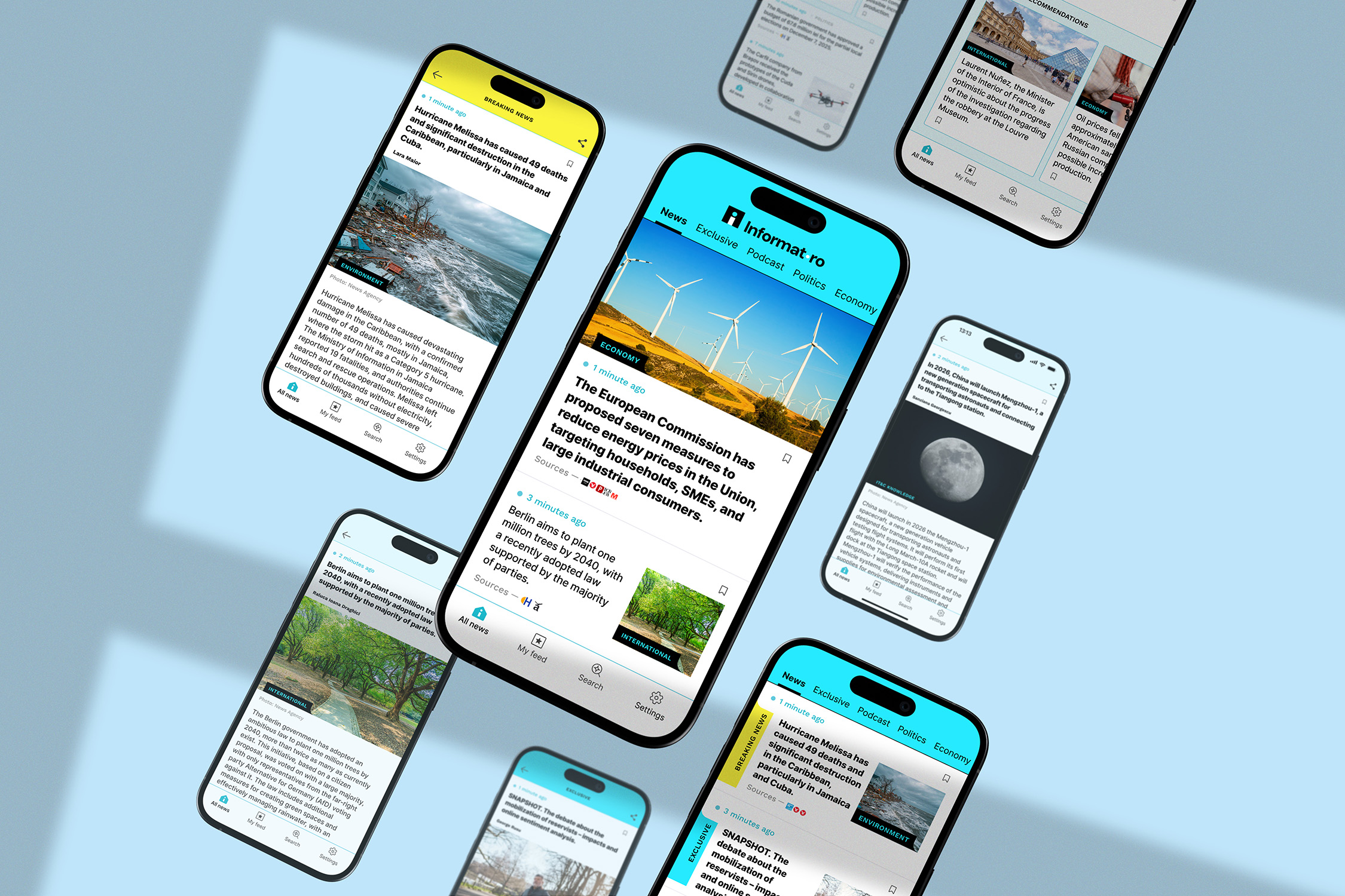 Mobile screens displaying the Informat.ro news application interface, designed by QuickData, showcasing responsive UI layouts for articles, categories, and user navigation.