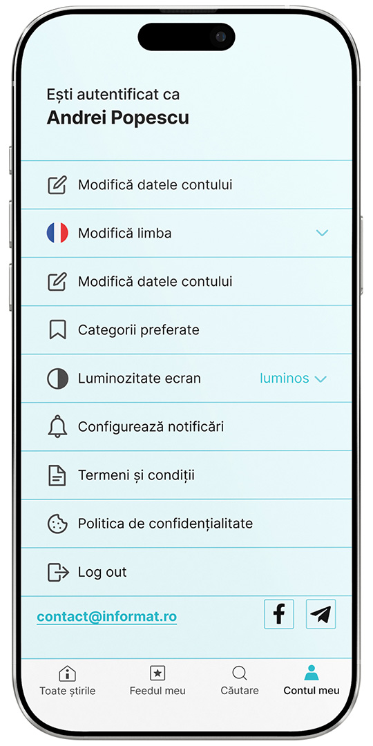 A smartphone screen displaying the Informat news app account settings interface, designed by Quickdata, showing user profile status, language selection, account details modification, preferred categories, screen brightness mode, notification setup, and privacy options.