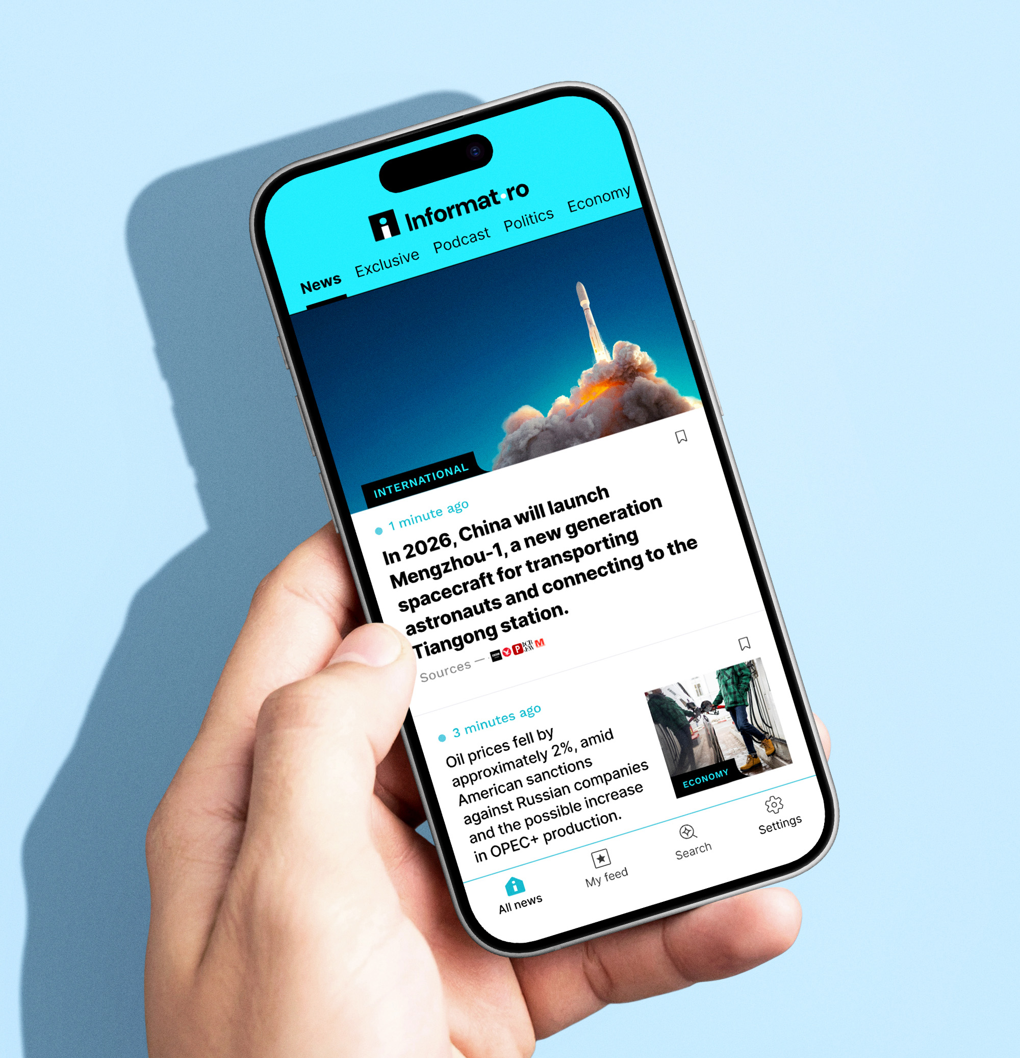 A close-up of a hand holding a smartphone displaying the Informat news app, designed by Quickdata, showing international headlines and a clean turquoise interface against a light blue background, highlighting intuitive mobile news browsing.