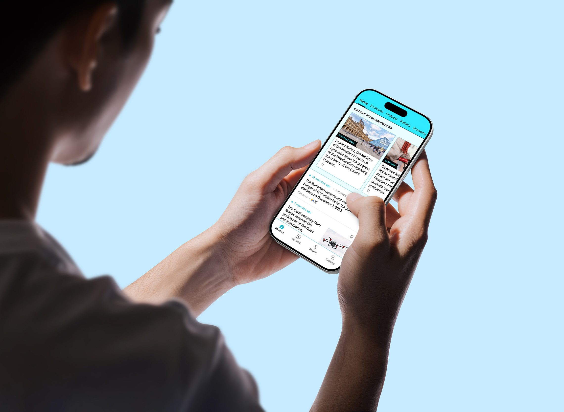 A person holding a smartphone and interacting with the Informat news app, designed by Quickdata, viewing a personalized news feed on a clean blue background, demonstrating intuitive mobile reading and navigation.