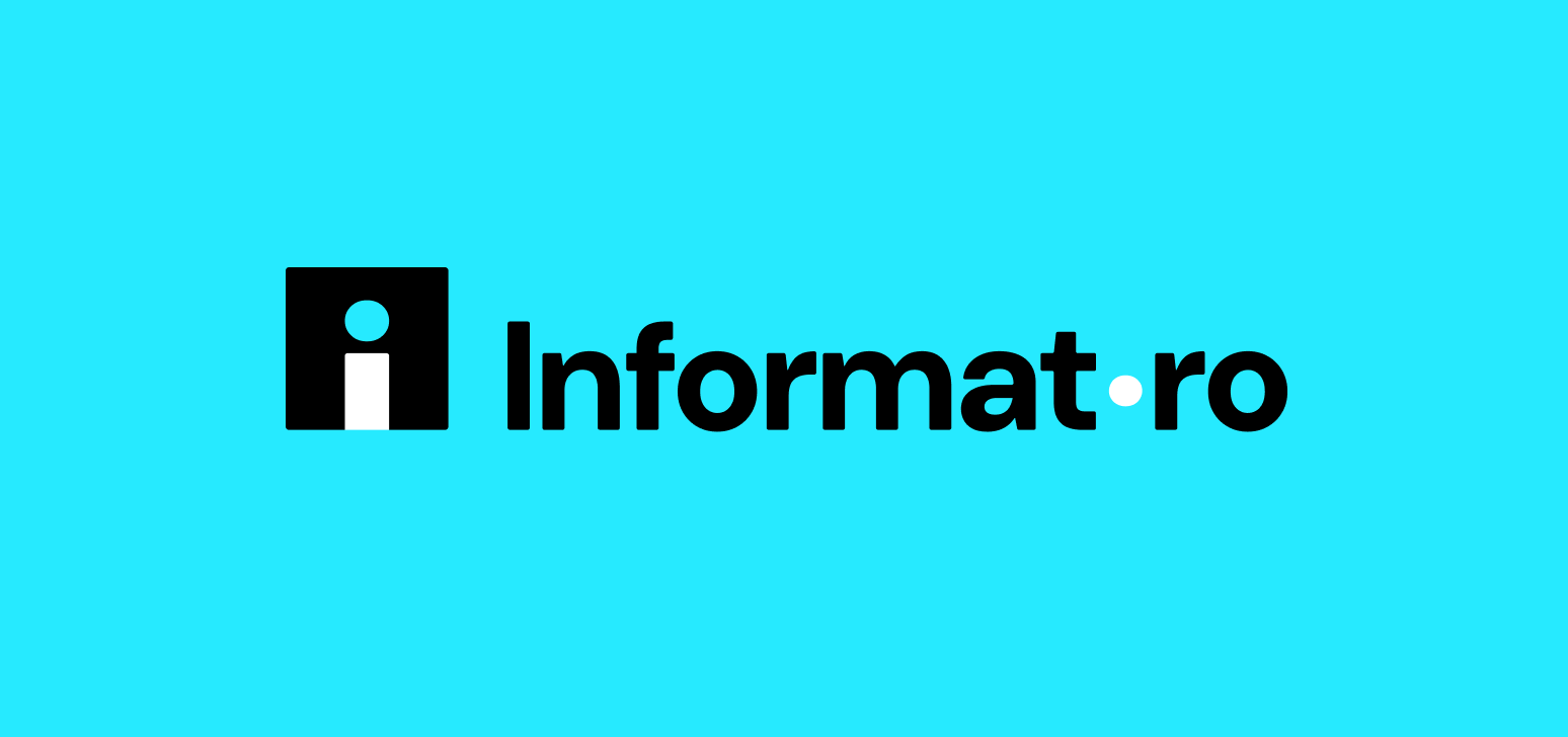 Informat.ro primary logo designed by Quickdata, featuring a bold lowercase wordmark and geometric icon on a turquoise background.