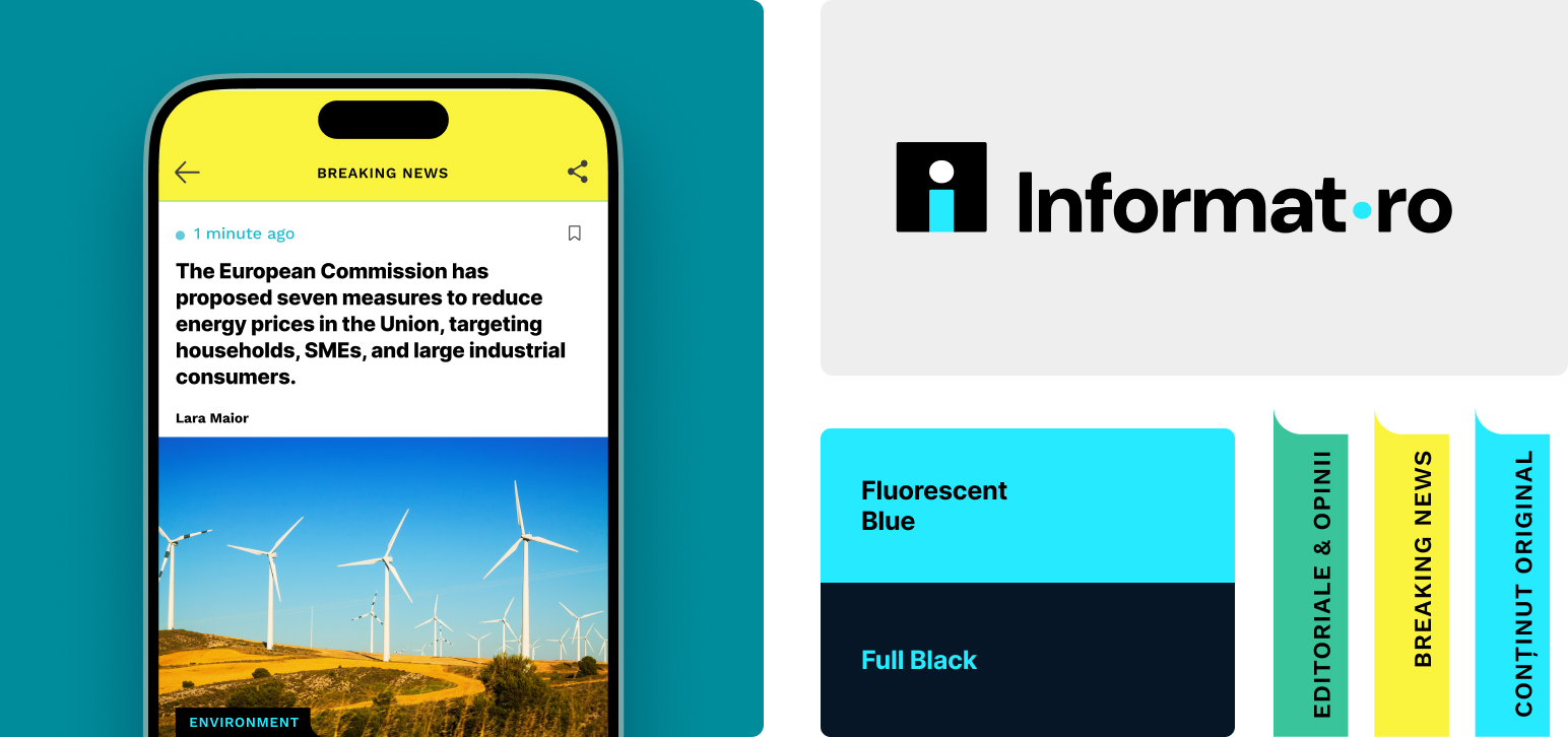 Brand identity presentation for Informat.ro showing the logo, color palette, and a mobile news interface using the platform’s visual system.